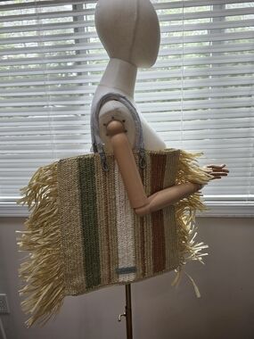 New Sam Edelman Lily Raffia Tote Fringe Bag in Natural & Multicolor Stripes